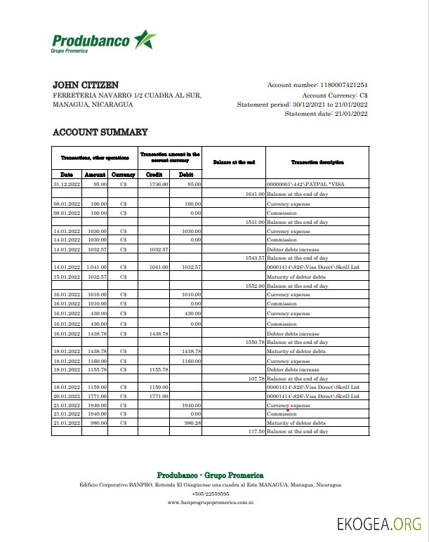Modèle Excel et PDF de relevé bancaire de la Banco de la Producción du Nicaragua